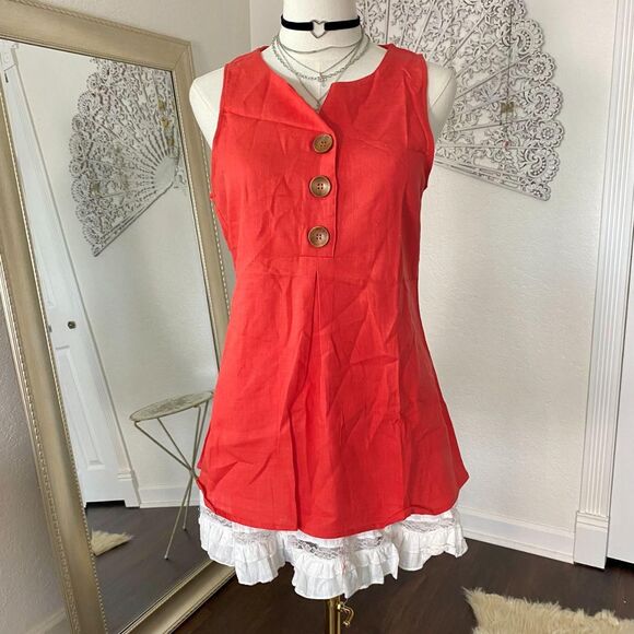 Aumora Tops - NWOT Coral Red Linen & Cotton Sleeveless Button Up Tank Top Blouse S